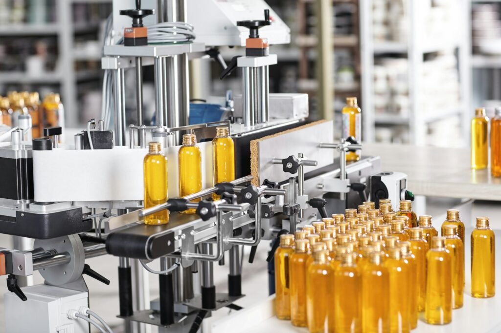 Cosmetics factory. Bottling line filled