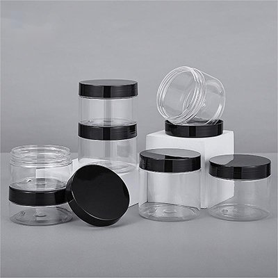 transparent jars with black cap
